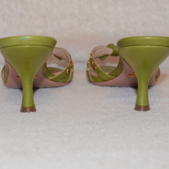 Prada Green Gold Studded Slip On Kitten Heels - Picture 2 of 6
